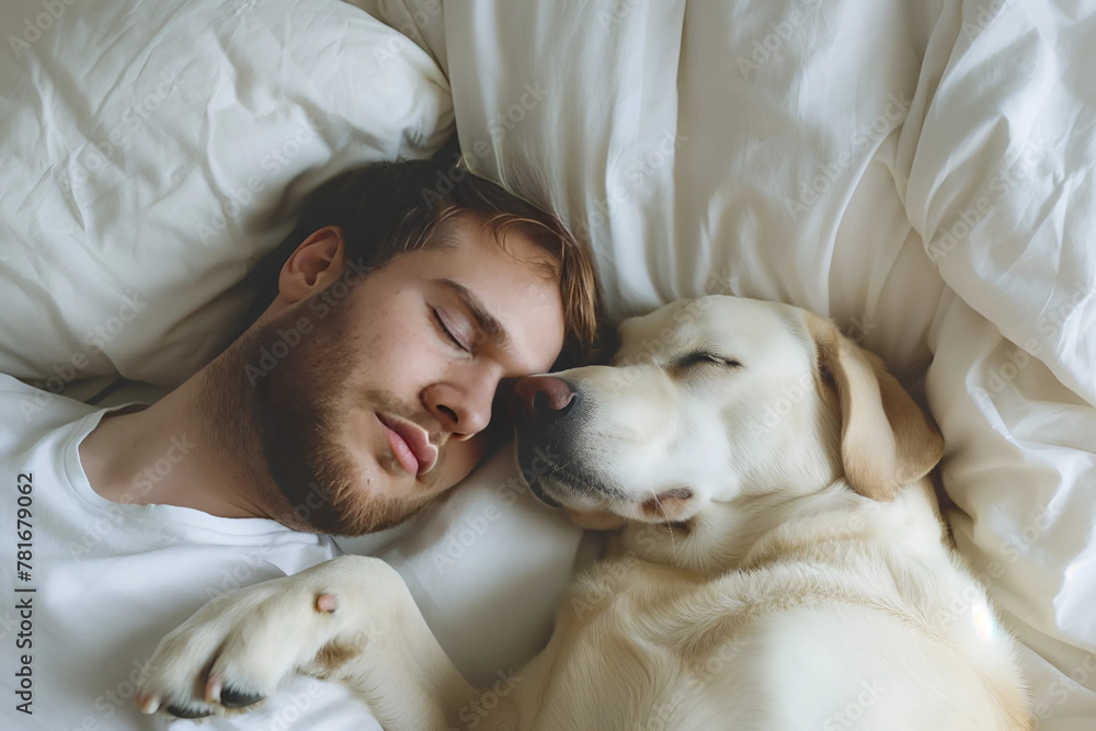 Obraz premium A man and his dog sleeping in bed a happy expression