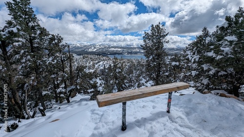 Wallpaper Mural Big Bear Lake Hike, Snowy Day, Bench in Foreground Torontodigital.ca