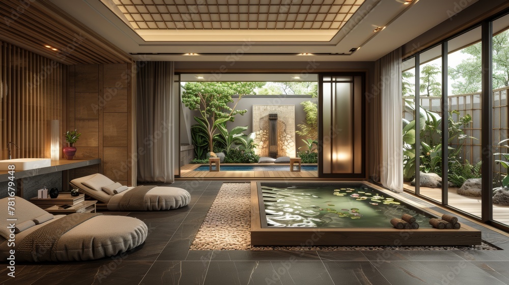 A large, open room with a pool and a fountain. The room is decorated with plants and has a relaxing atmosphere