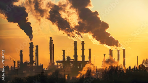 Industrial Landscape at Sunrise and Sunset with Smokestacks