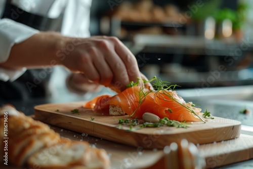 A close-up view of a chef's hands delicately placing thin slices of smoked salmon on cream cheese-slathered crostinis, garnished with dill.  photo