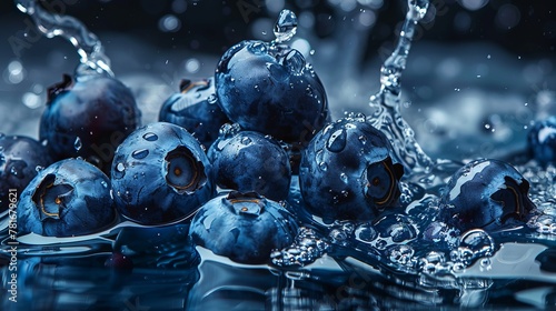 Fresh blueberries with water splash close-up