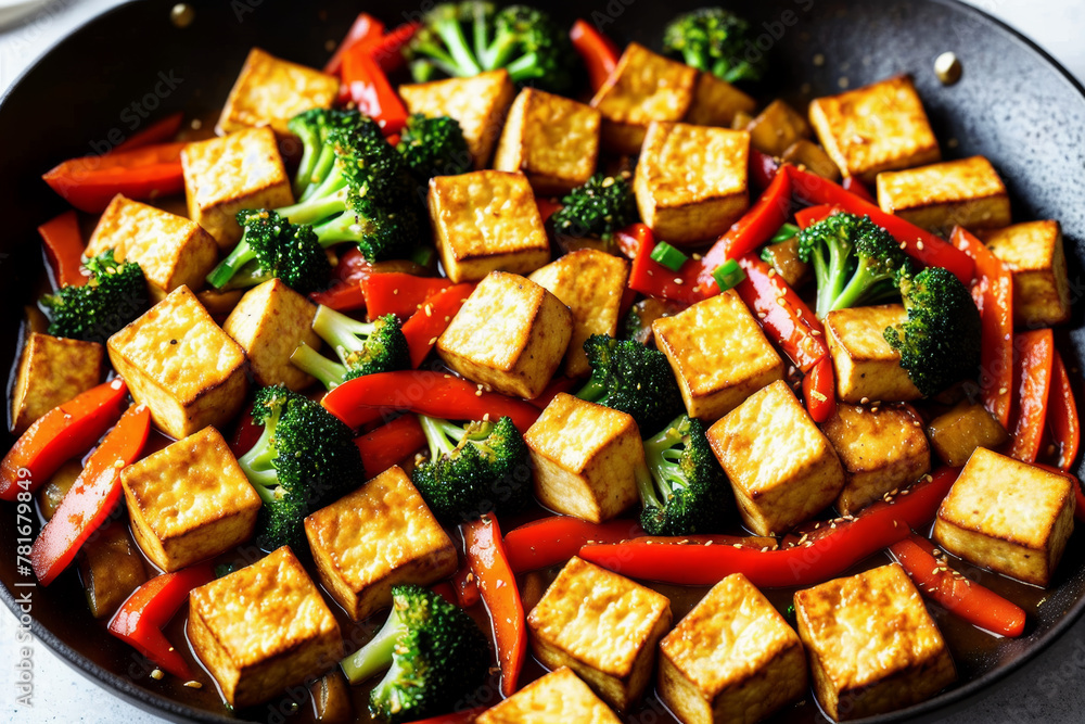 Close-up of stir-fried tofu with vegetables in a sizzling pan, featuring crispy tofu cubes, bell peppers, broccoli, and carrots, seasoned with soy sauce and ginger. AI generated. Close-up of stir-fried tofu with vegetables in a sizzling pan, featuring crispy tofu cubes, bell peppers, broccoli, and carrots, seasoned with soy sauce and ginger. AI generated.