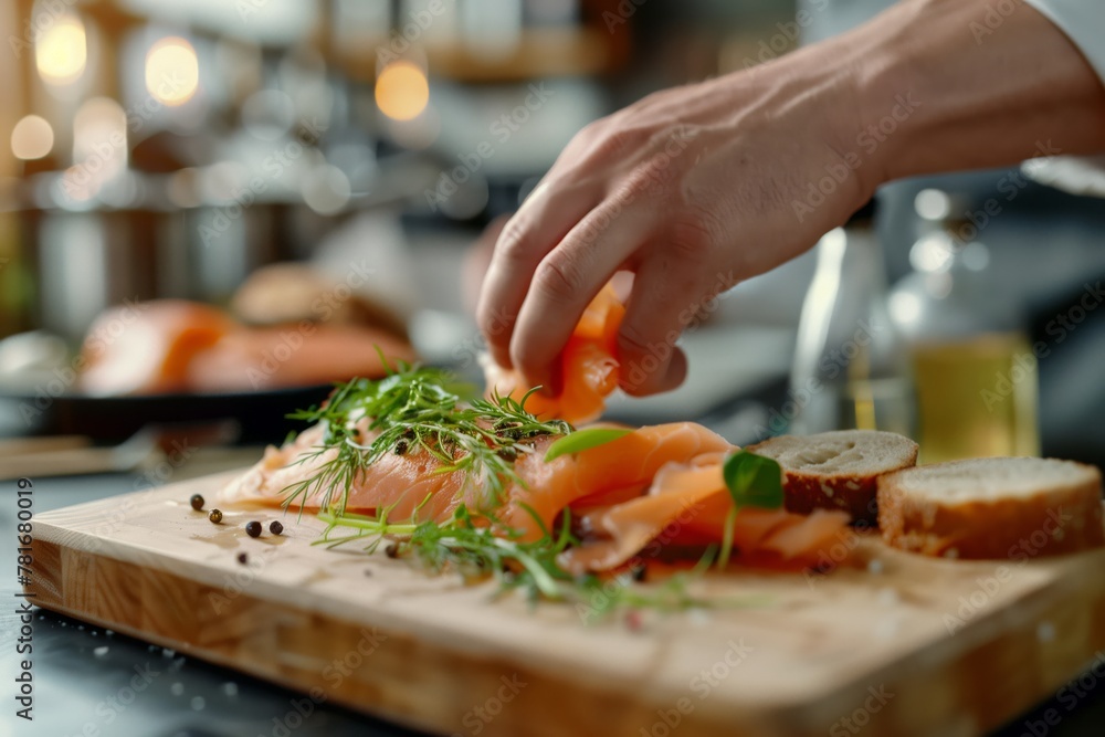 A close-up view of a chef's hands delicately placing thin slices of smoked salmon on cream cheese-slathered crostinis, garnished with dill. 