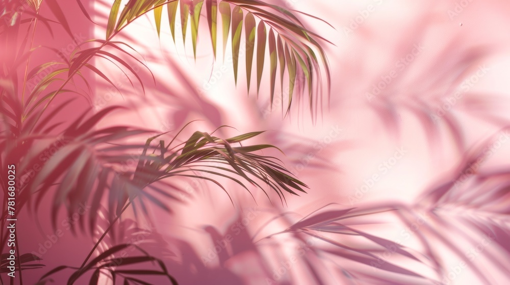 Blurred shadow from palm leaves on the light pink wall generative ai