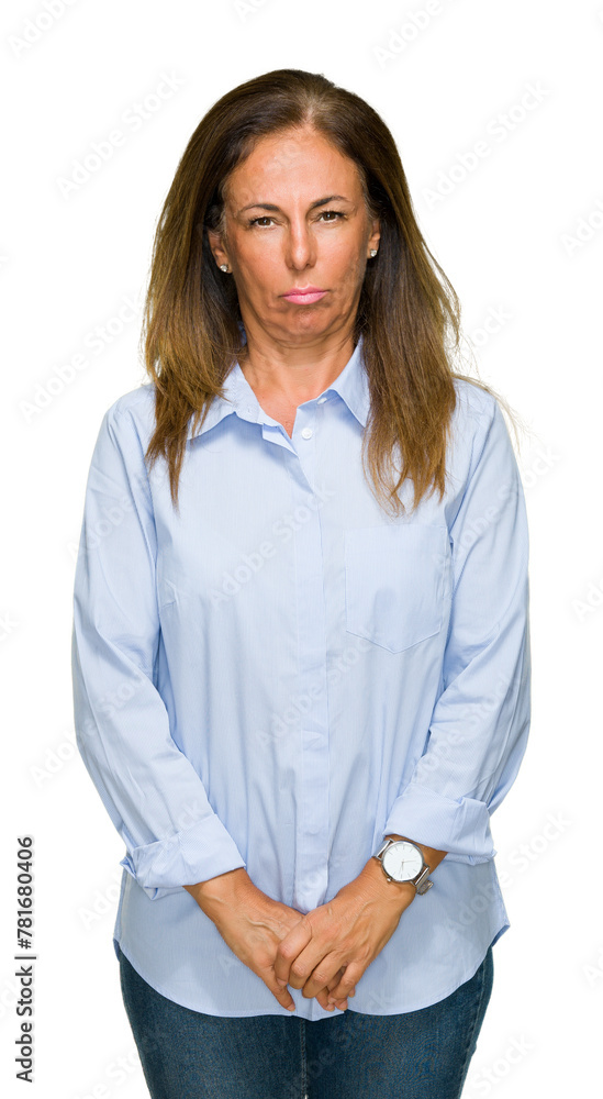 Beautiful middle age business adult woman over isolated background skeptic and nervous, frowning upset because of problem. Negative person. Beautiful middle age business adult woman over isolated background skeptic and nervous, frowning upset because of problem. Negative person.