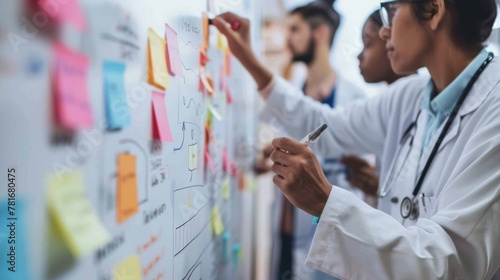 A team of medical professionals gathered around a whiteboard brainstorming and writing up schedules and plans for the upcoming week with colorful postit notes and markers tered around . photo