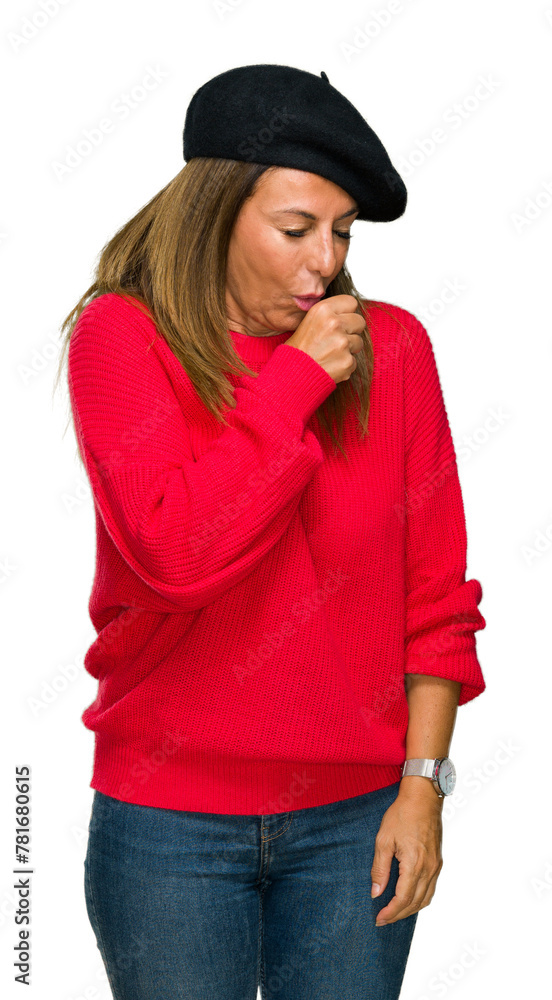 Middle age adult woman wearing fashion beret over isolated background feeling unwell and coughing as symptom for cold or bronchitis. Healthcare concept. Middle age adult woman wearing fashion beret over isolated background feeling unwell and coughing as symptom for cold or bronchitis. Healthcare concept.