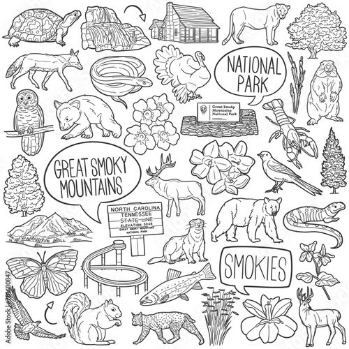 Great Smoky Mountains Doodle Icons Black and White Line Art. National Park Clipart Hand Drawn Symbol Design.