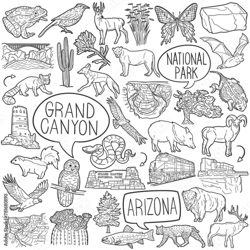 Grand Canyon Doodle Icons Black and White Line Art. National Park Clipart Hand Drawn Symbol Design.