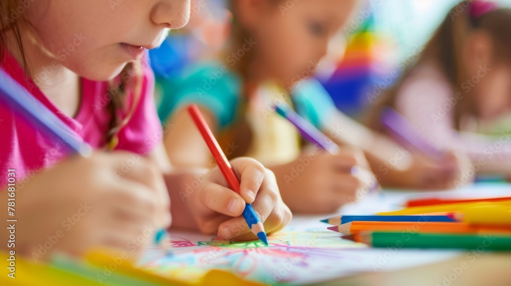 Children drawing and doing crafts in kindergarten, seen from close up generative ai Children drawing and doing crafts in kindergarten, seen from close up generative ai