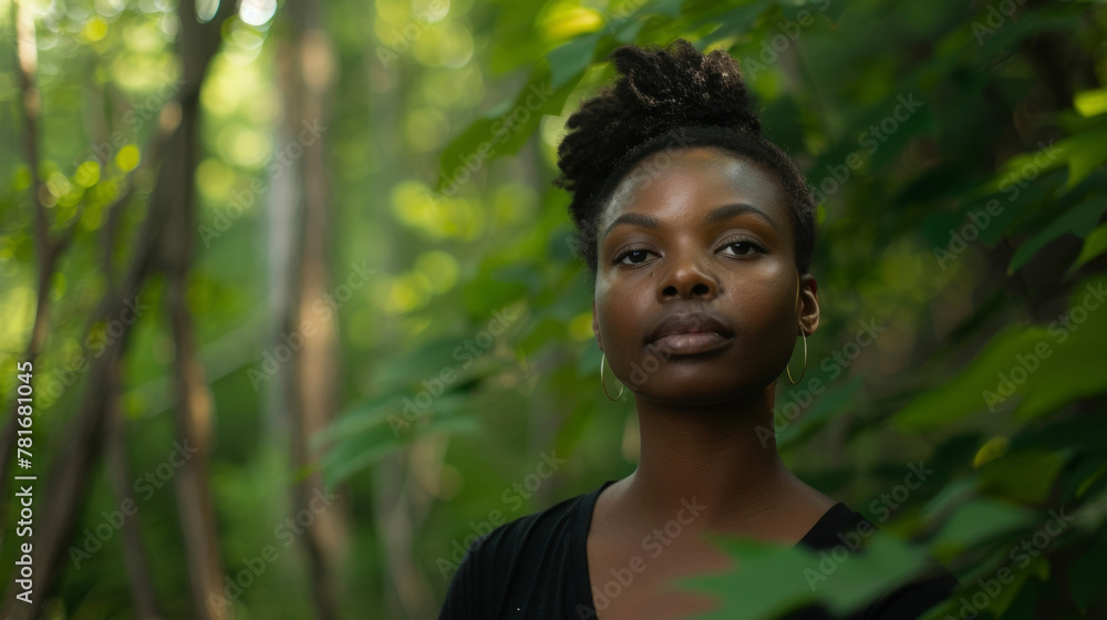 The simplicity of this portrait is amplified by the beautiful natural backdrop of a lush green forest. A poised black woman stands a the trees her understated outfit and serene expression . The simplicity of this portrait is amplified by the beautiful natural backdrop of a lush green forest. A poised black woman stands a the trees her understated outfit and serene expression .