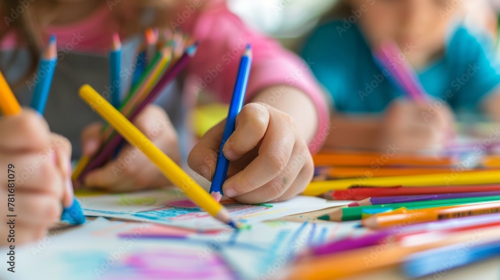 Children drawing and doing crafts in kindergarten, seen from close up generative ai Children drawing and doing crafts in kindergarten, seen from close up generative ai