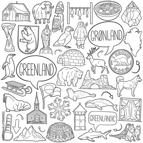 Greenland Doodle Icons Black and White Line Art. Greenlandic Clipart Hand Drawn Symbol Design.