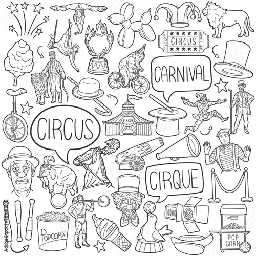 Circus Doodle Icons Black and White Line Art. Carnival Clipart Hand Drawn Symbol Design.