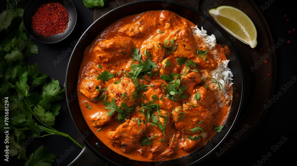 wide top view background food image, butter masala chicken and boiled white rice, Indian traditional food recipe banner image in black color table wide top view background food image, butter masala chicken and boiled white rice, Indian traditional food recipe banner image in black color table