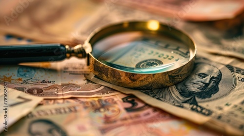 A conceptual image of a magnifying glass examining the intricate details of currency notes. photo