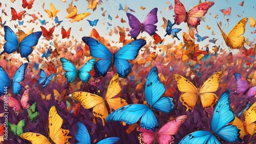 A colorful swarm of butterflies, intricate details and patterns, fluttering together  photo