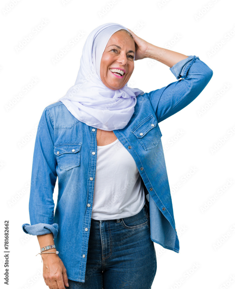 Middle age eastern arab woman wearing arabian hijab over isolated background Smiling confident touching hair with hand up gesture, posing attractive Middle age eastern arab woman wearing arabian hijab over isolated background Smiling confident touching hair with hand up gesture, posing attractive