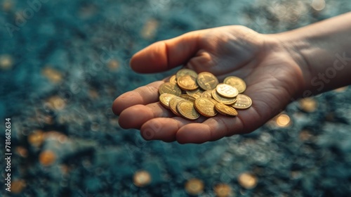 A high-angle shot of a person's hand holding a handful of coins against a textured surface.
