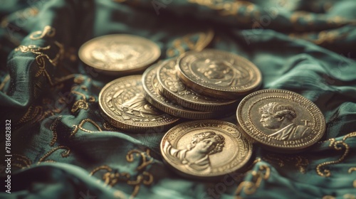 A vintage-style photo of antique coins arranged elegantly on a velvet cloth.