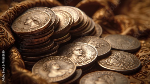 A vintage-style photo of antique coins arranged elegantly on a velvet cloth.