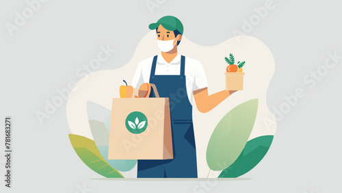 A person holding a bag of groceries with a buy local logo on it promoting the support of local businesses and reducing ones carbon footprint.