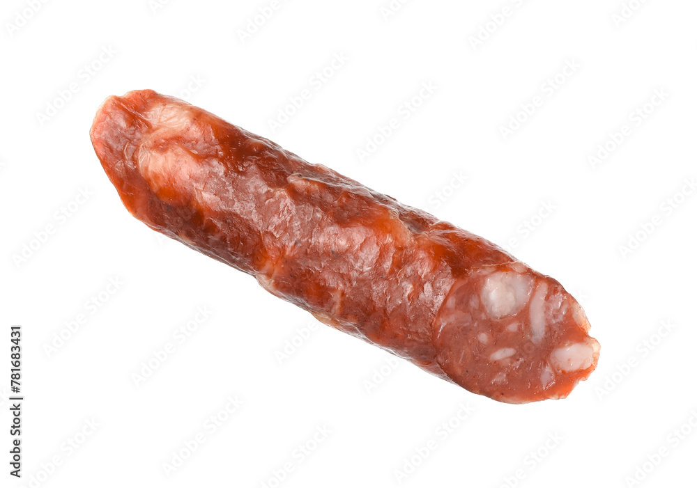 Piece of thin dry smoked sausage isolated on white Piece of thin dry smoked sausage isolated on white