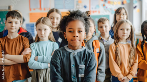 Group of Elementary School Students Standing Together in a Classroom