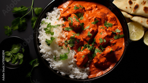 wide top view background food image, butter masala chicken and boiled white rice, Indian traditional food recipe banner image in black color table photo