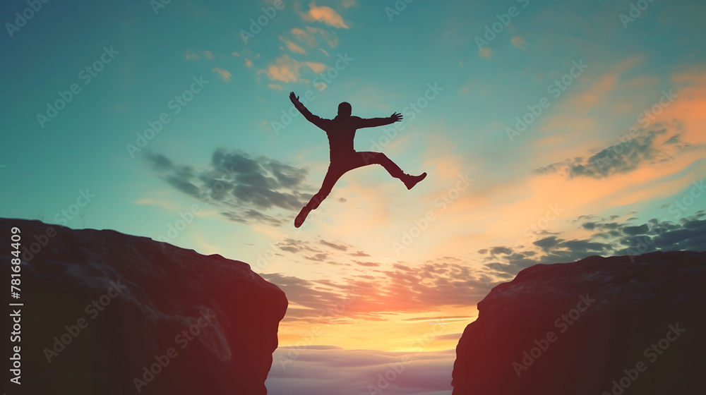 Silhouette of Enthusiastic man jumping between two cliffs, success and freedom concept , Progress and build a prosperous and successful future