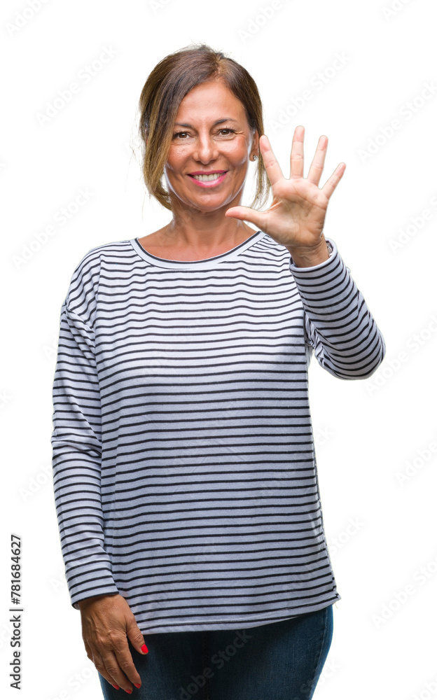 Middle age senior hispanic woman over isolated background showing and pointing up with fingers number five while smiling confident and happy. Middle age senior hispanic woman over isolated background showing and pointing up with fingers number five while smiling confident and happy.