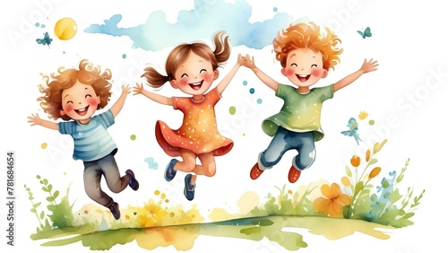 kids jumping on the grass, watercolor art