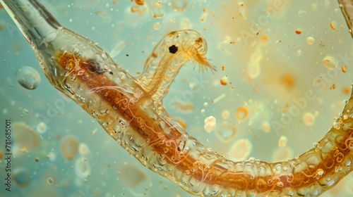 Underneath the microscope a single parasitic worm appears to be crawling through a sample of bodily fluid.