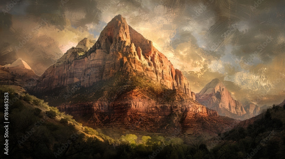 Fototapeta premium Mountain painting under cloudy sky