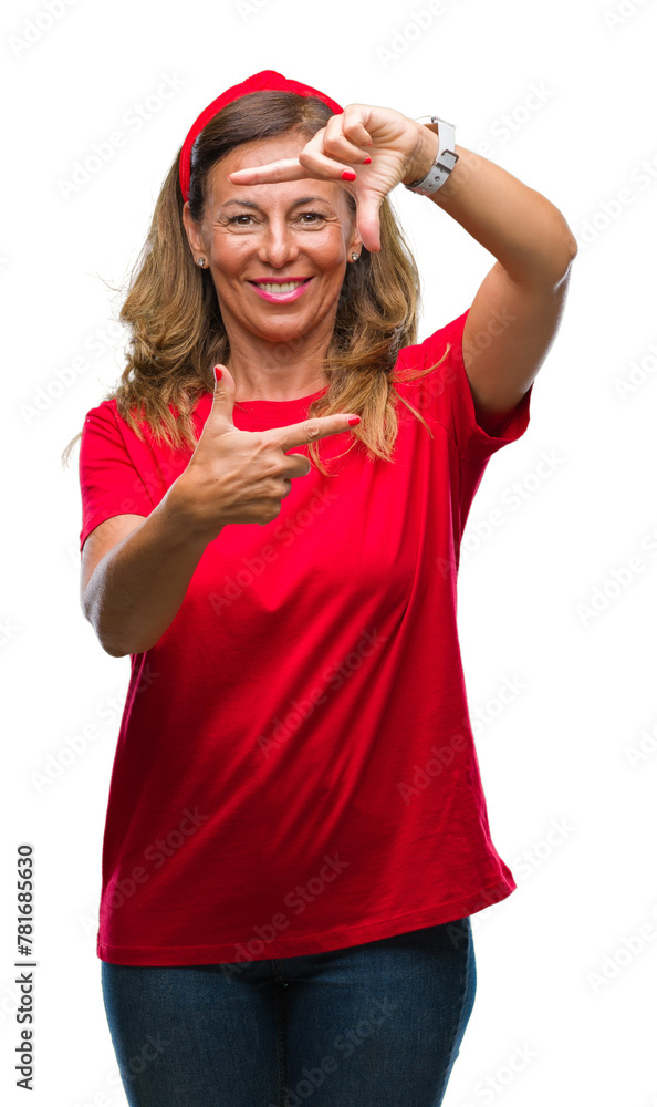 Middle age senior hispanic woman over isolated background smiling making frame with hands and fingers with happy face. Creativity and photography concept. Middle age senior hispanic woman over isolated background smiling making frame with hands and fingers with happy face. Creativity and photography concept.