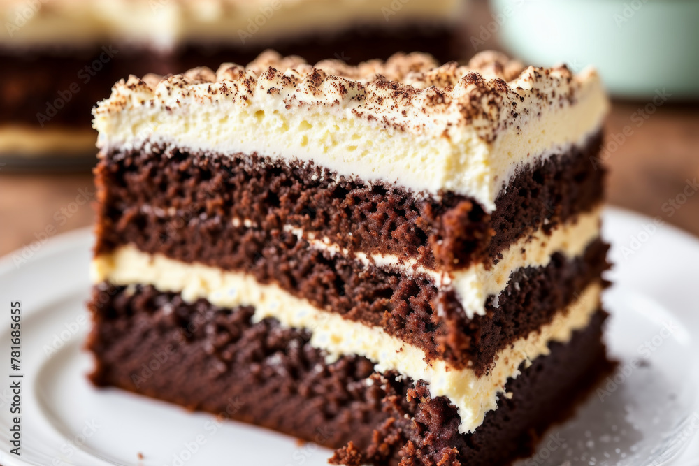 Macro shot of a slice of tiramisu cake, showcasing the moist layers and the creamy mascarpone filling, with a cocoa powder finish. AI generated. Macro shot of a slice of tiramisu cake, showcasing the moist layers and the creamy mascarpone filling, with a cocoa powder finish. AI generated.
