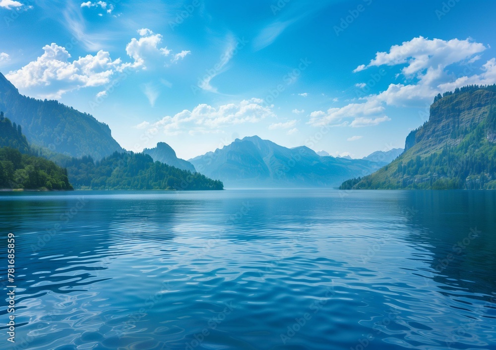 Serene Mountain Lake Landscape under Blue Sky with Clouds