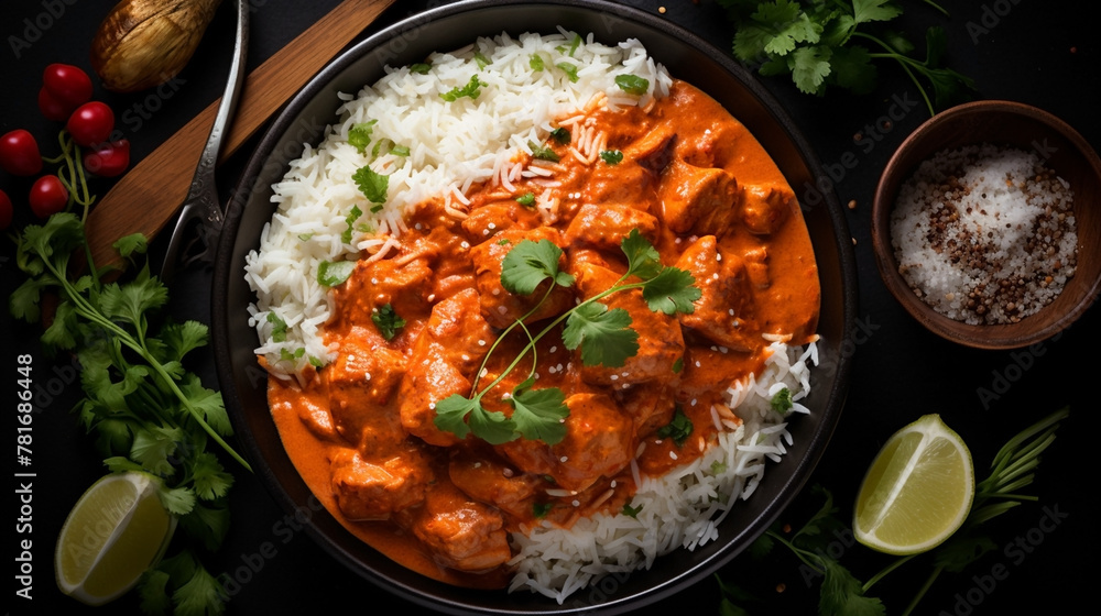 wide top view background food image, butter masala chicken and boiled white rice, Indian traditional food recipe banner image in black color table wide top view background food image, butter masala chicken and boiled white rice, Indian traditional food recipe banner image in black color table