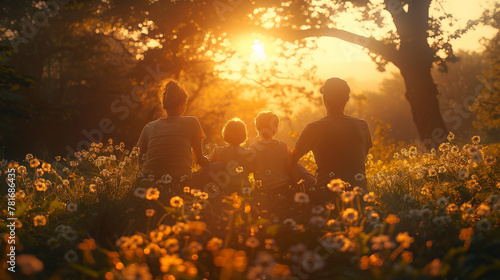 A family of four is sitting in a field of flowers, enjoying the sun