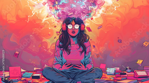 Artistic Girl Reading on Books in Psychedelic Style