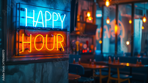 A bright blue and orange neon sign displaying the words "happy hour" in a modern font against a dark background. Copy space.
