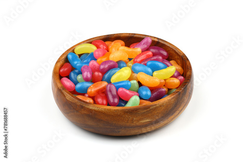Colorful Jelly in a wooden bowl. isolated on white background