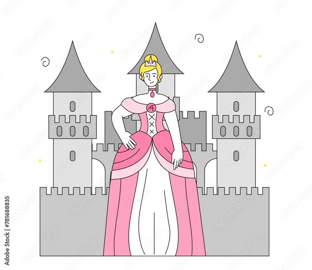 Princess near castle vector linear