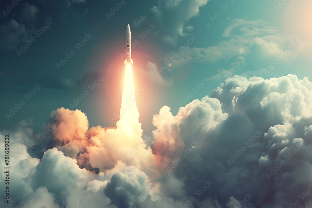 the rocket taking off with smoke behind, photorealistic ,  cinematic view , white clouds , to the space , to the moon , space rocket flying to  space , space trip, spacecraft, space shuttle