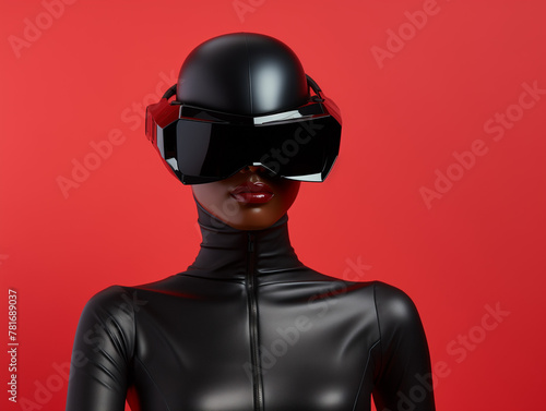 A woman is dressed in a black leather outfit and wearing a helmet or VR glasses. Copy space. © keystoker