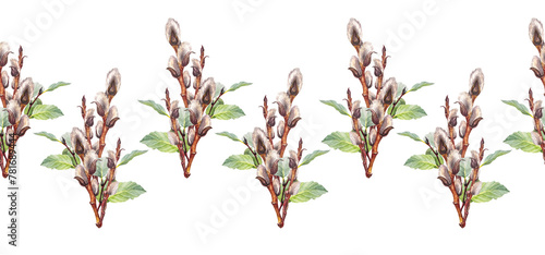 Seamless rim with watercolor willow and green leaves on white background. Hand-drawn brown branch herb for spring Easter decor. Botanical pattern border for frame or wallpaper and wrapping. Nature photo