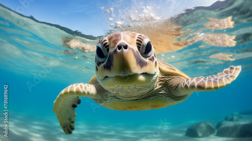 A turtle with a bright happy smile swimming in the ocean with its head above the water © keystoker