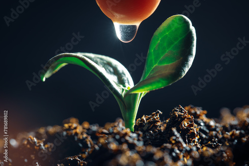 Fragile vegetable seedling with new green growth in dirt being watered with a waterdrop. Symbolizing new life, conservation, or other fresh beginnings.