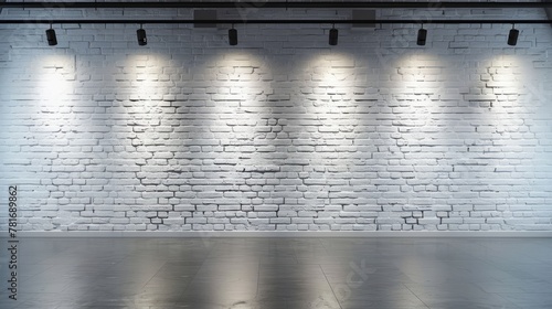 Interior of an art gallery featuring a white brick wall illuminated by spotlights. Copy space.
